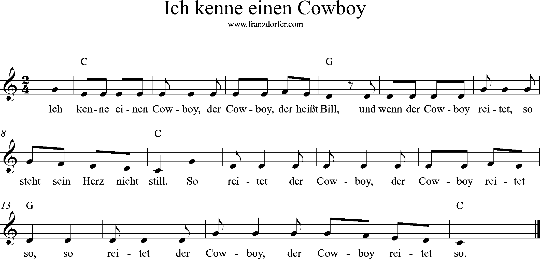 Noten , C-Dur, Ich kenne einen Cowboy